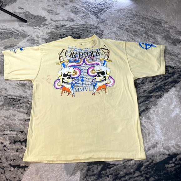 Sz Blockprints Other - Y2K Grunge Blac Label T Shirt Sz 2XL Band AOP Forbidden MMVII Skull Snake Sword